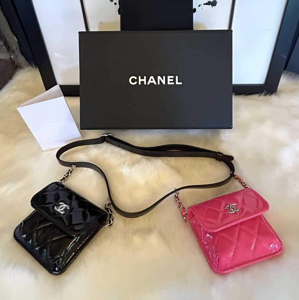 CHANEL Pantent Quilted Belt In Love Double Mini
